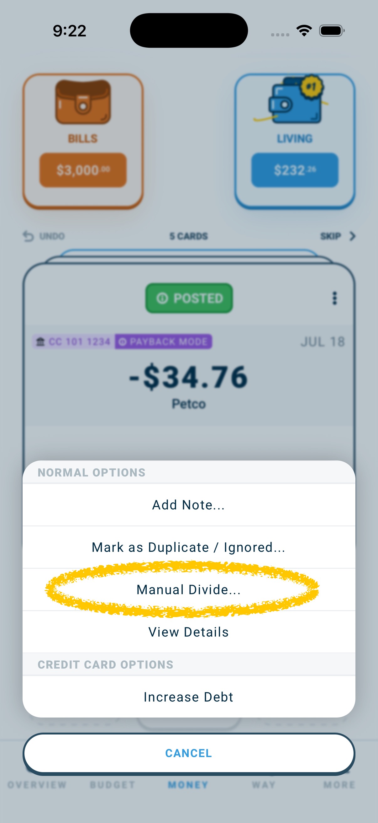 Card menu list with manual divide