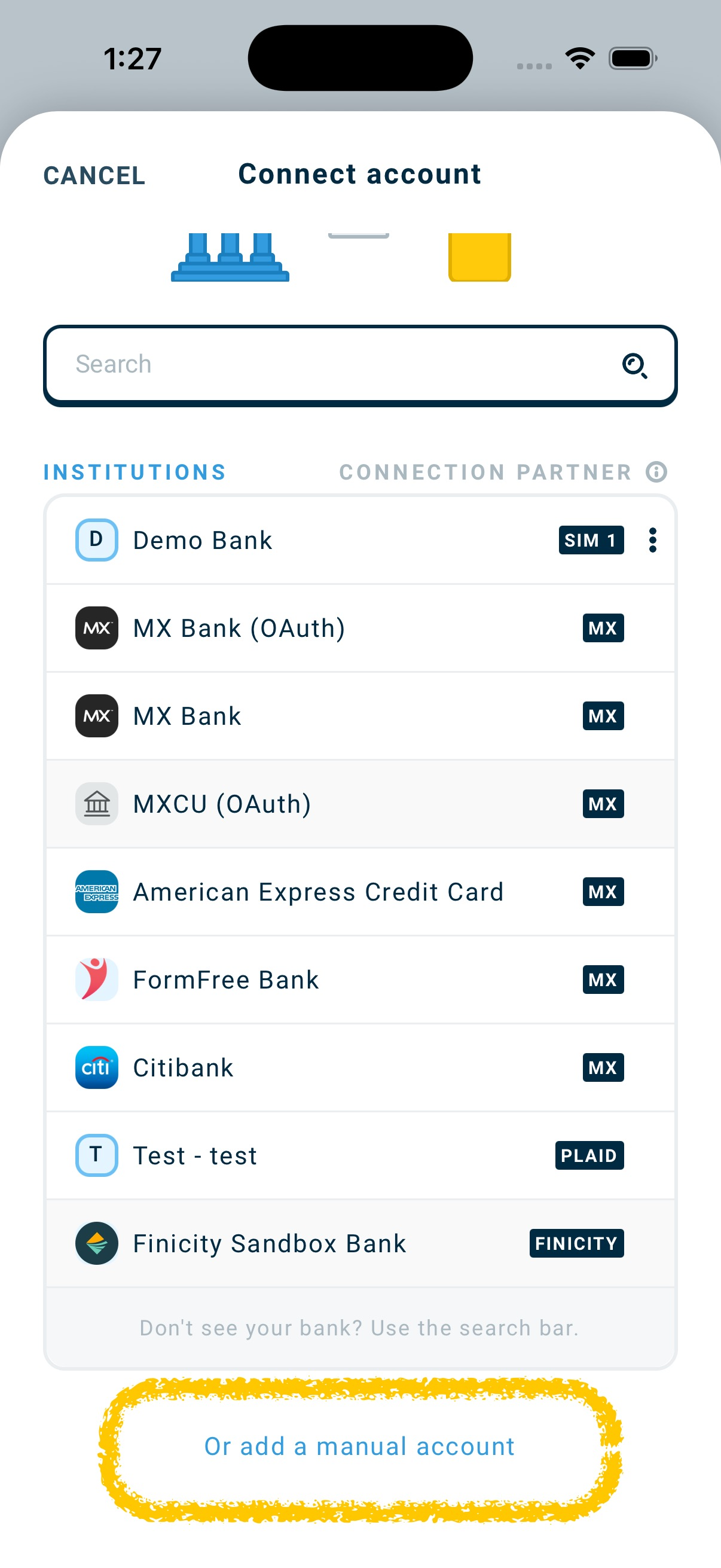 Add Manual Account text link location on the screen