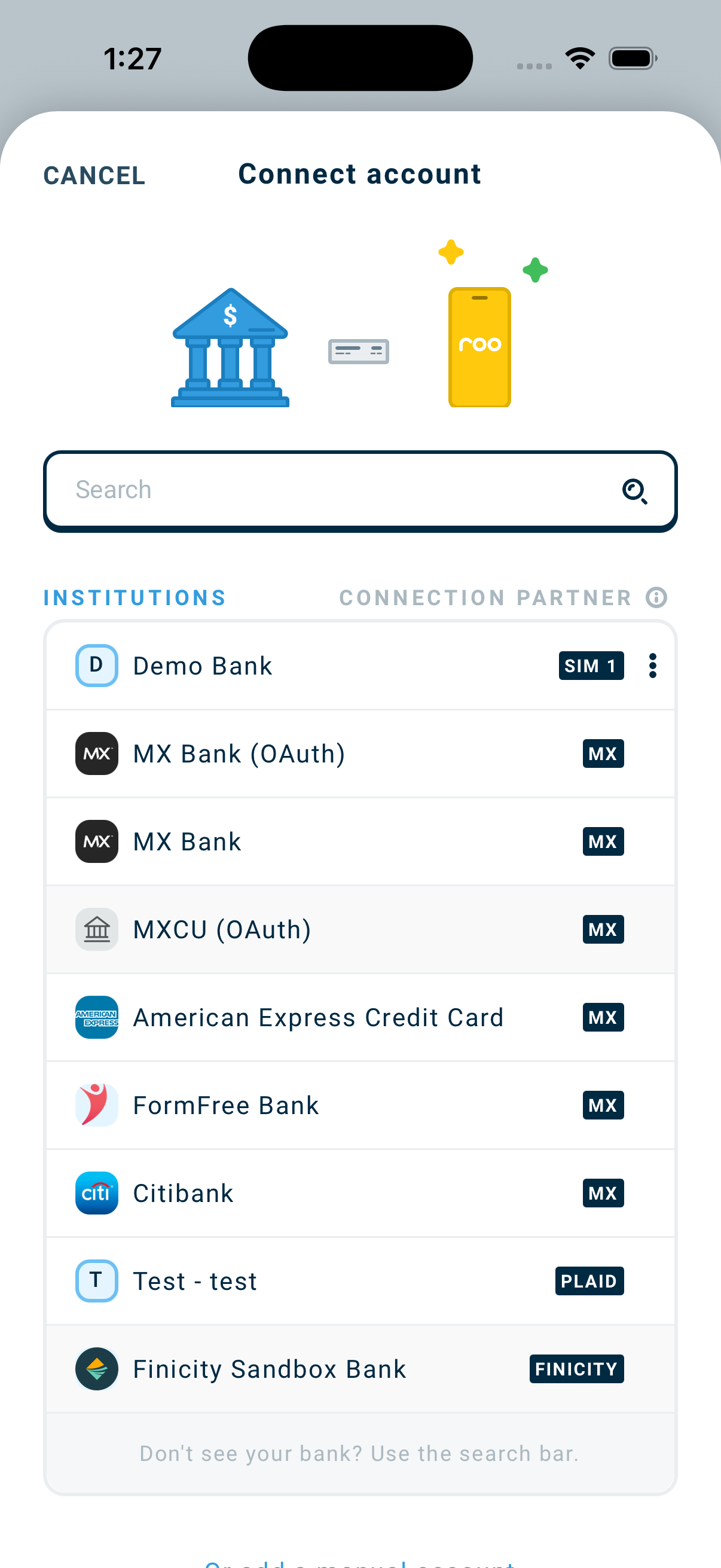 Connect Bank Screen