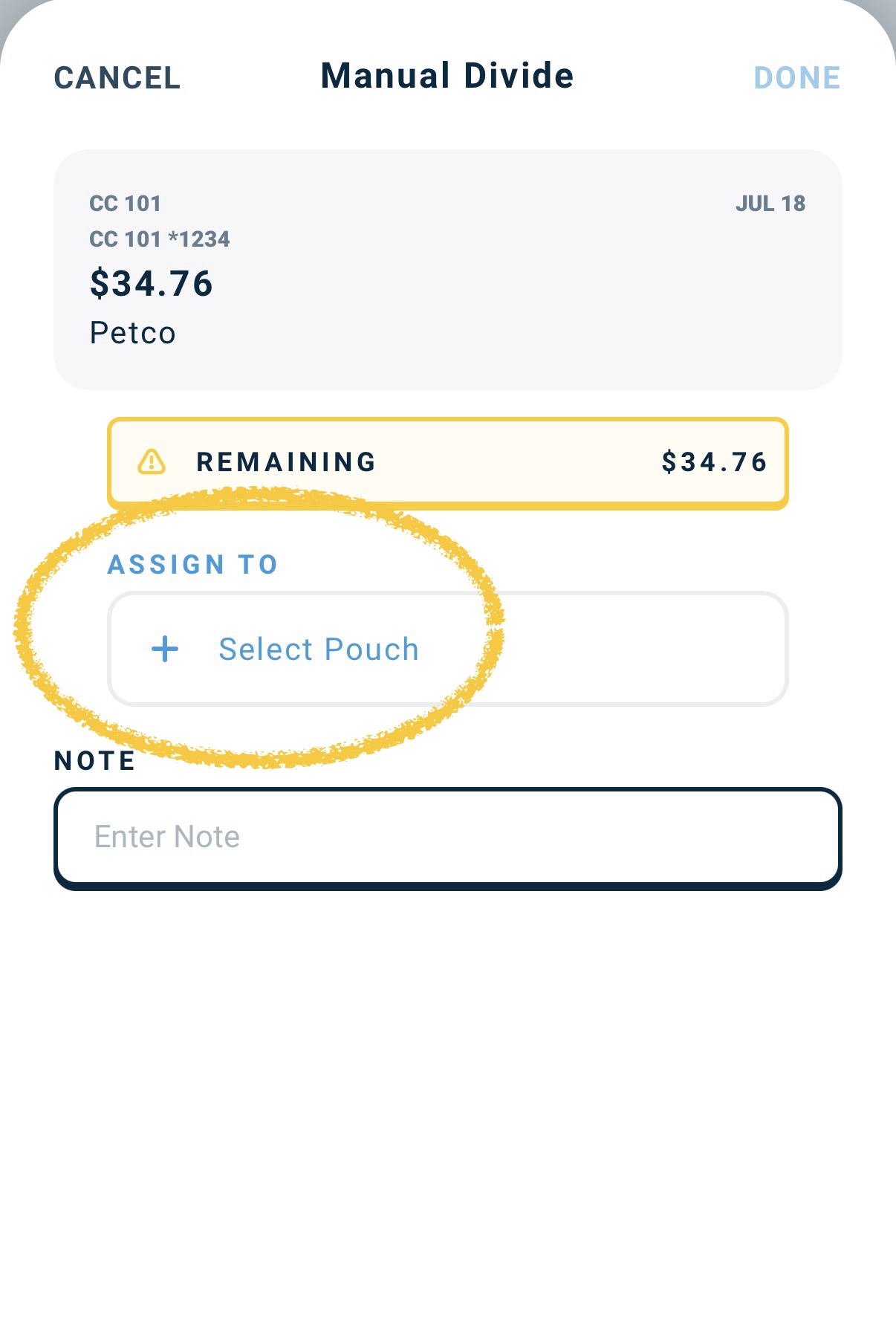 Assign pouches on the Manual Divide screen