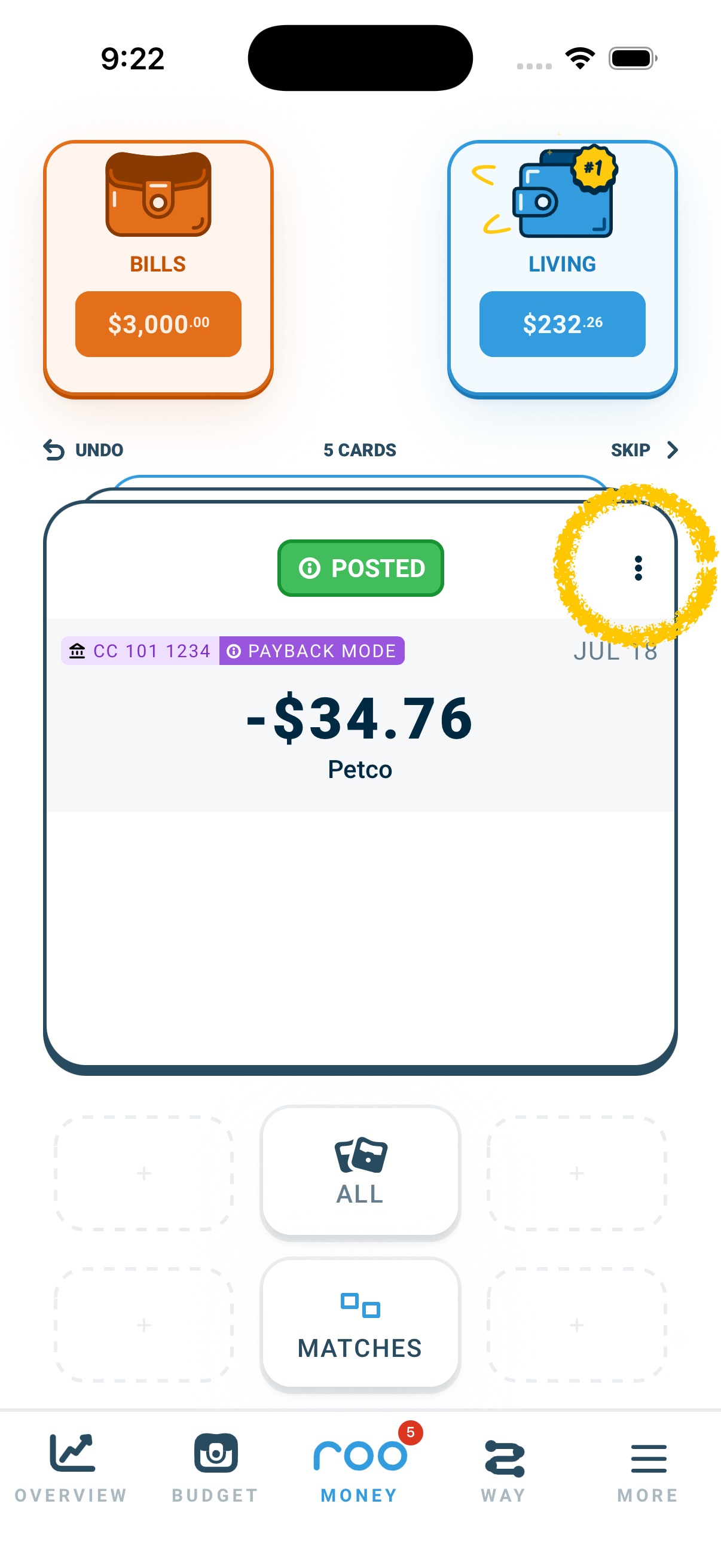 Three-dots menu on a transaction card