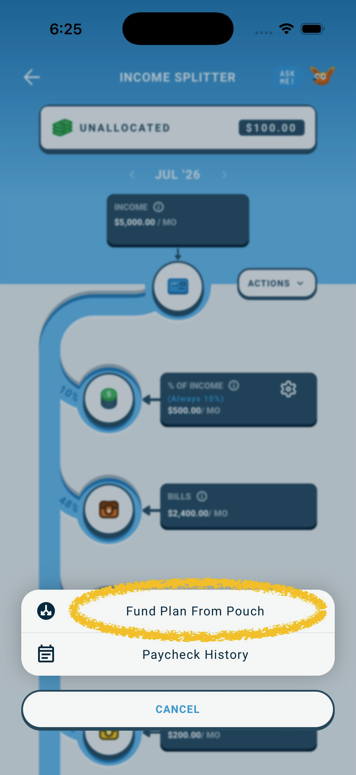 The Fund Plan From Pouch option in the Actions menu