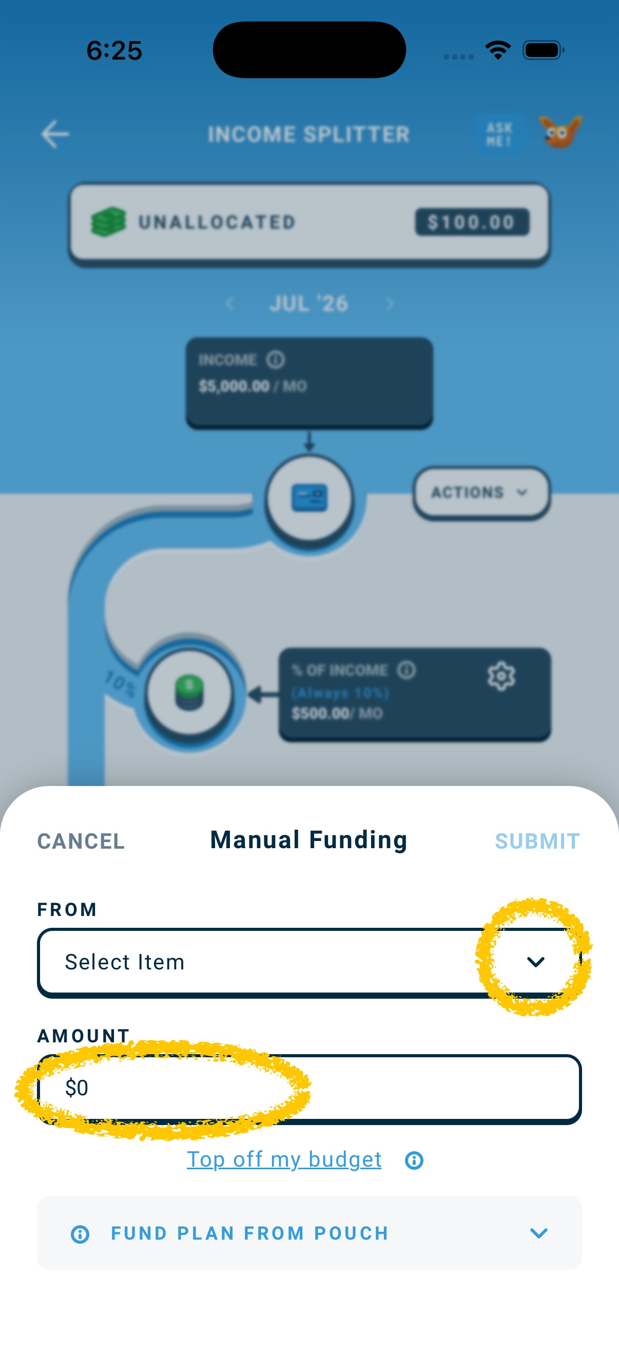 The manual funding screen