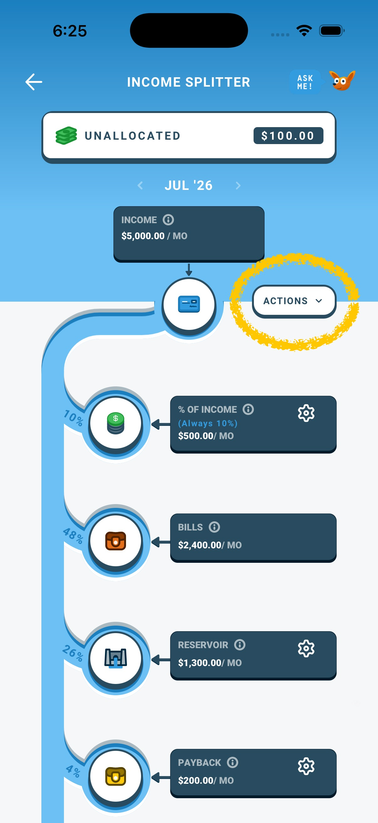 The Actions button on the Income Splitter River screen