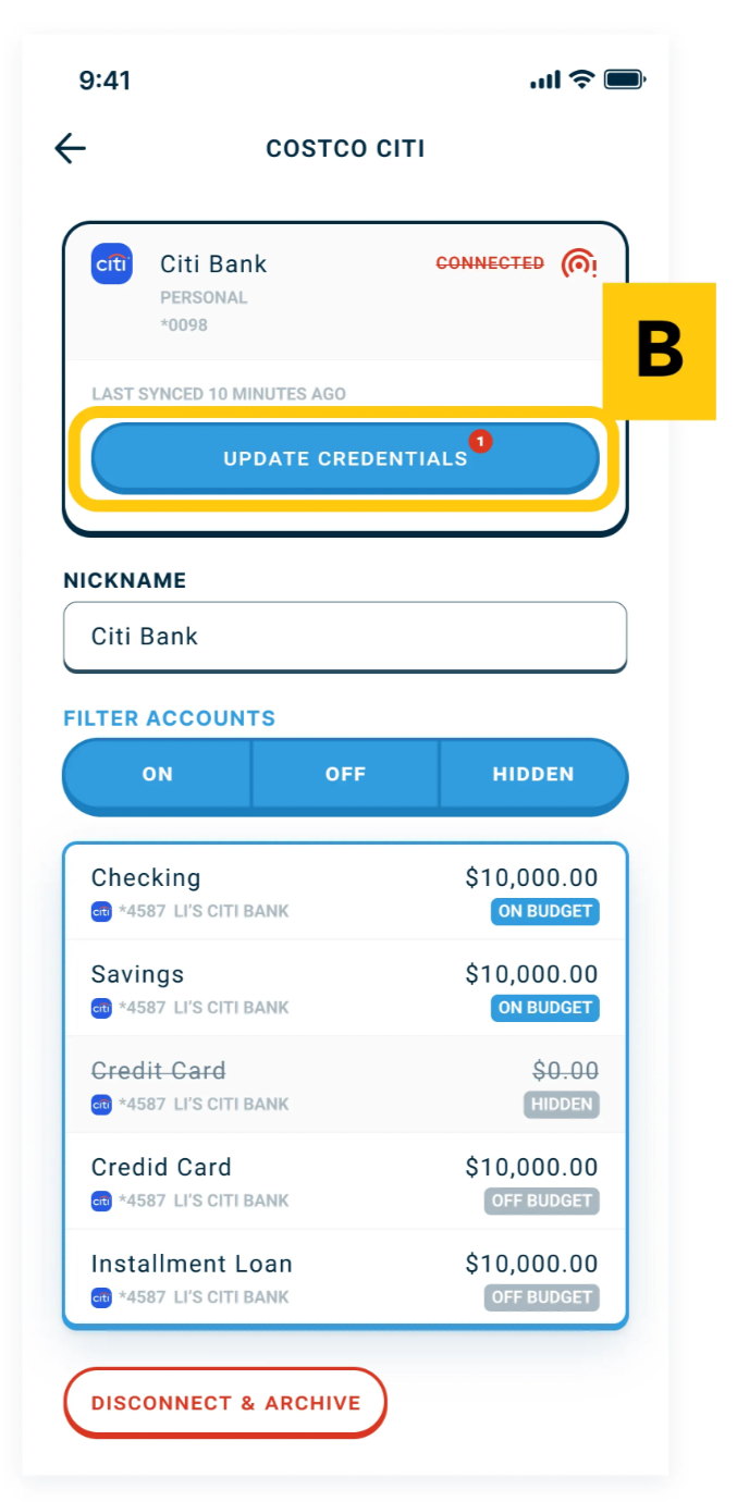 Update credentials screen